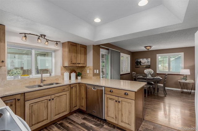 6119 Zenobia Ct, Arvada, CO 80003 - kitchen with dishwasher, dark wood-style floors, a peninsula, backsplash, and a tray ceiling