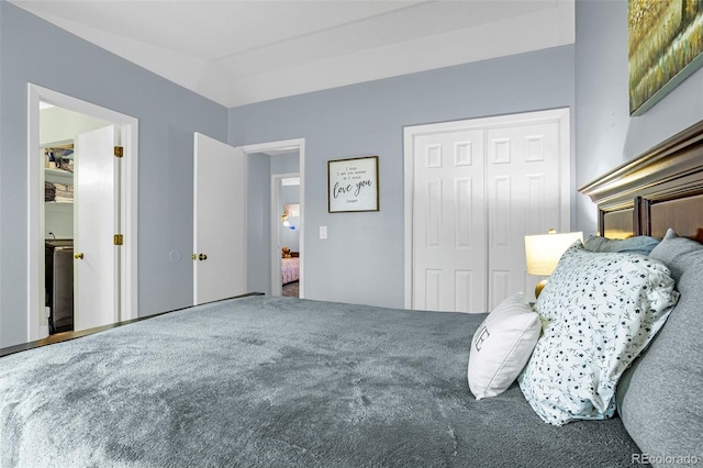 bedroom featuring lofted ceiling and a closet