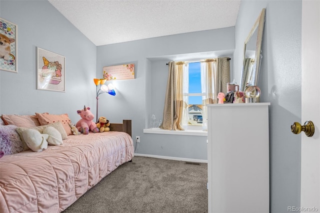 bedroom featuring visible vents, carpet, baseboards, and a textured ceiling