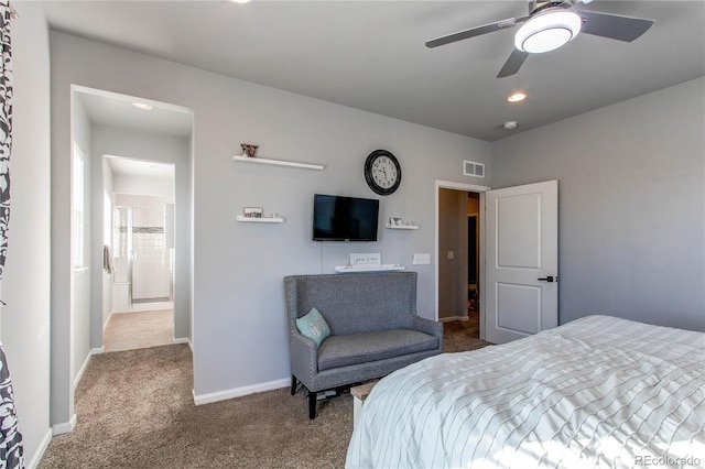 carpeted bedroom featuring ceiling fan