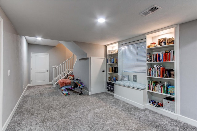 playroom featuring carpet floors and built in features