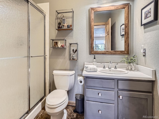 32663 Donna Dr, Conifer, CO 80433 - full bathroom with a textured wall, vanity, and a stall shower