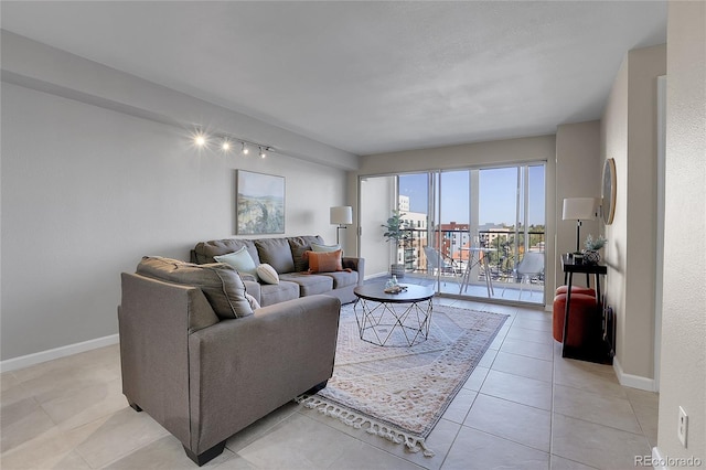 living room with light tile patterned flooring