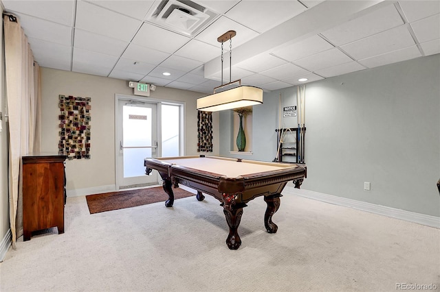 playroom featuring carpet flooring, a drop ceiling, and billiards