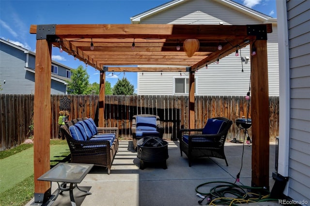 3769 Dahlia St, Denver, CO 80207 - view of patio / terrace featuring an outdoor living space, a pergola, and a fenced backyard