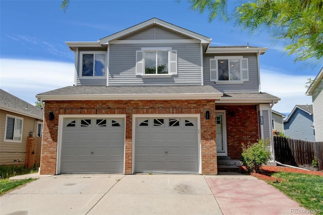 3769 Dahlia St, Denver, CO 80207 - traditional-style home featuring brick siding, an attached garage, fence, concrete driveway, and a shingled roof