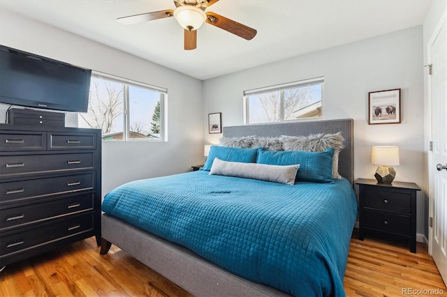 bedroom with multiple windows, wood finished floors, and a ceiling fan