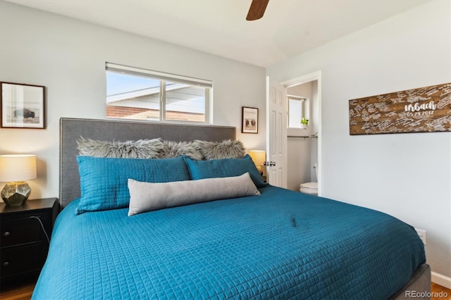 bedroom with a ceiling fan and wood finished floors