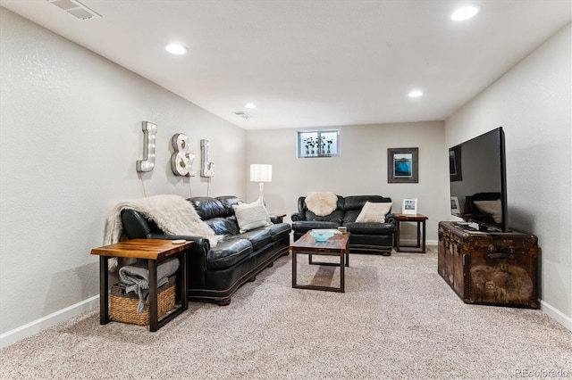 living room featuring recessed lighting, visible vents, light colored carpet, and baseboards