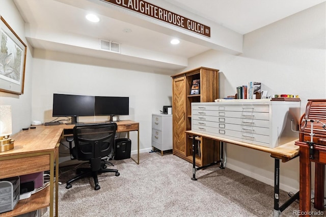 carpeted home office featuring recessed lighting, visible vents, and baseboards