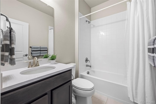 1677 Meagan Way, Erie, CO 80516 - full bath featuring vanity, shower / tub combo with curtain, toilet, and tile patterned flooring