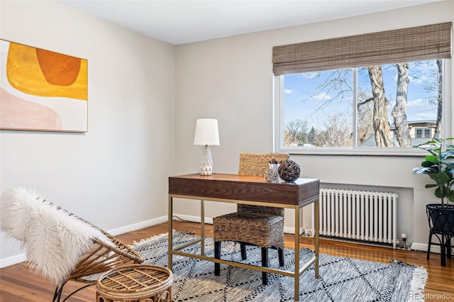 office space featuring radiator, wood finished floors, and baseboards