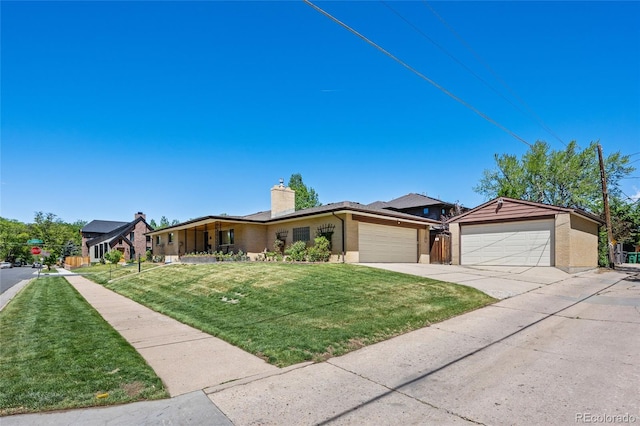 ranch-style home with a front lawn, a garage, concrete driveway, a chimney, and brick siding