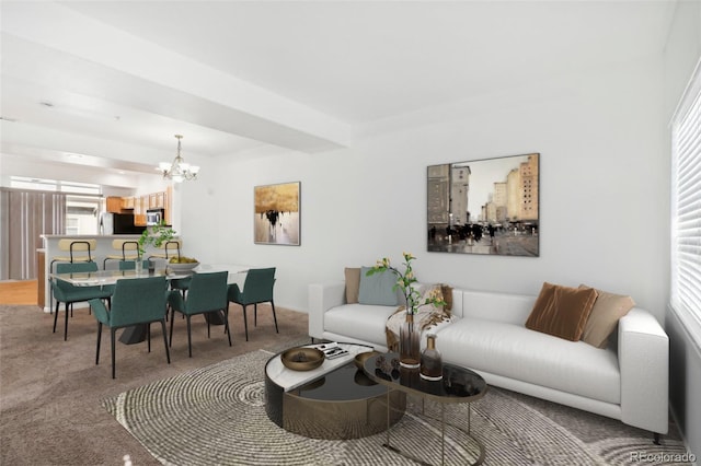 living room featuring beam ceiling, a notable chandelier, and carpet floors