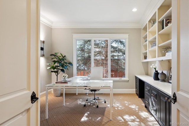 office with baseboards and crown molding