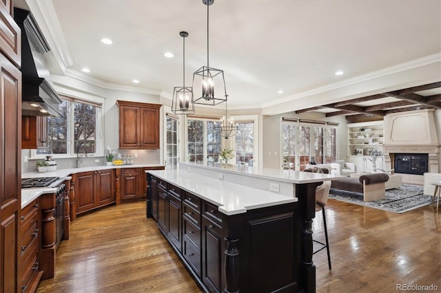 kitchen featuring custom range hood, light countertops, open floor plan, a kitchen island, and a kitchen bar