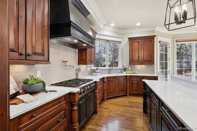 kitchen featuring premium range hood, decorative backsplash, dark wood-type flooring, and decorative light fixtures