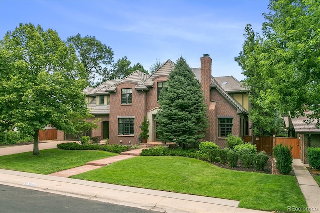 tudor home featuring brick siding, a chimney, a front yard, and fence