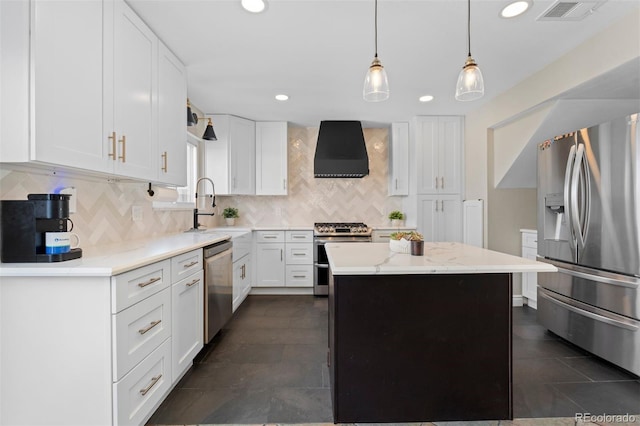 kitchen with tasteful backsplash, appliances with stainless steel finishes, white cabinetry, a sink, and exhaust hood