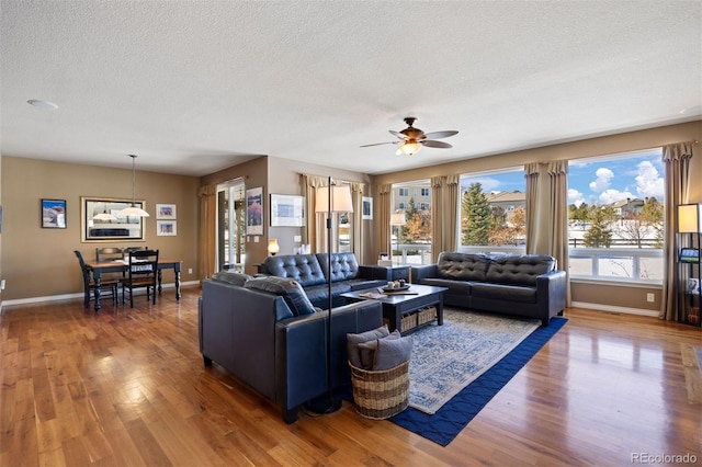 living room featuring ceiling fan, hardwood / wood-style floors, and a textured ceiling