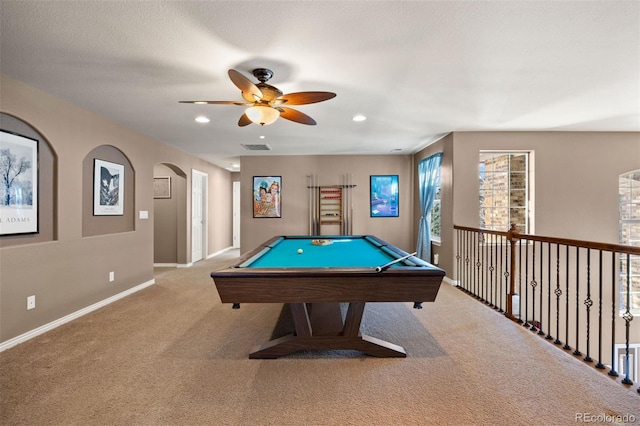 playroom with ceiling fan, billiards, light carpet, and a textured ceiling