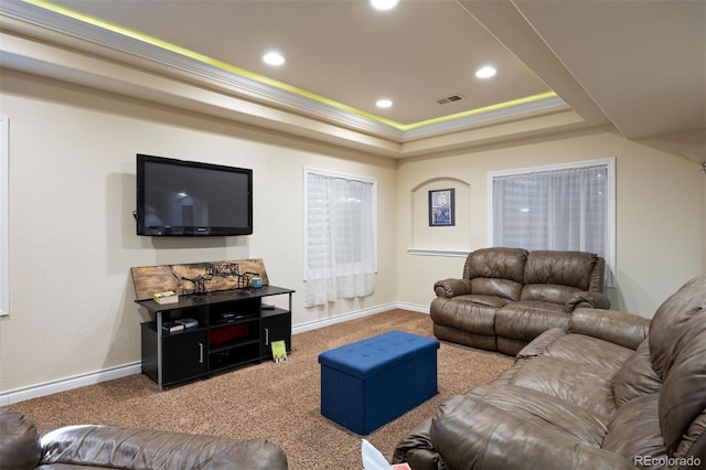 living room featuring crown molding, carpet flooring, and a raised ceiling