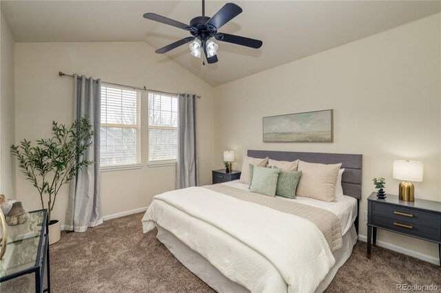 23070 York Ave, Parker, CO 80138 - bedroom with carpet, lofted ceiling, baseboards, and ceiling fan