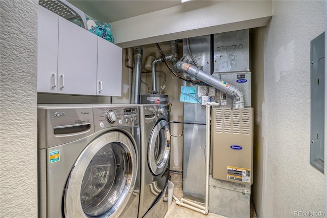 23070 York Ave, Parker, CO 80138 - laundry room featuring independent washer and dryer, cabinet space, a textured wall, and heating unit