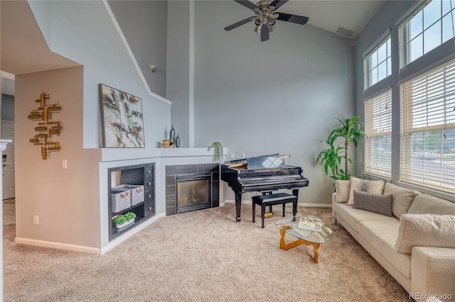 23070 York Ave, Parker, CO 80138 - living area featuring a fireplace, carpet, high vaulted ceiling, a ceiling fan, and baseboards