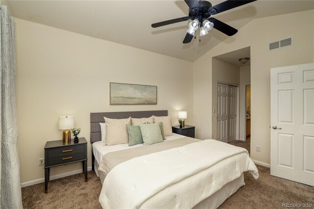 23070 York Ave, Parker, CO 80138 - carpeted bedroom featuring lofted ceiling, a closet, baseboards, and ceiling fan