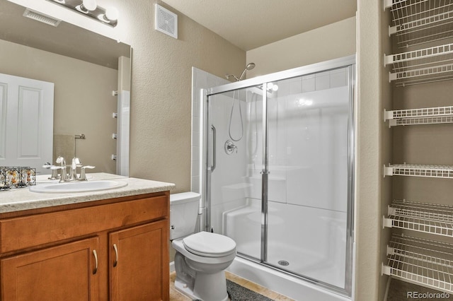 bathroom with visible vents, toilet, and a stall shower