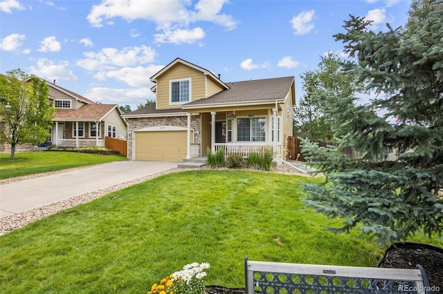 10530 Mount Columbia Pl, Parker, CO 80138 - view of front of home featuring a porch, an attached garage, concrete driveway, stone siding, and a shingled roof