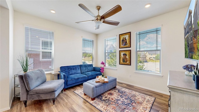 14074 Jackson St, Thornton, CO 80602 - living room with a ceiling fan, wood finished floors, and recessed lighting