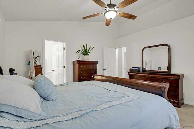 carpeted bedroom with lofted ceiling, a ceiling fan, and baseboards