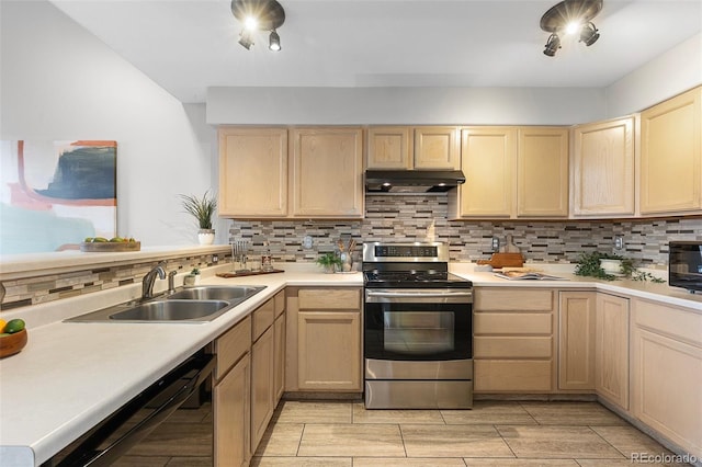 6450 W 44th Pl Unit B3, Wheat Ridge, CO 80033 - kitchen with stainless steel range with electric stovetop, light brown cabinetry, black dishwasher, and under cabinet range hood