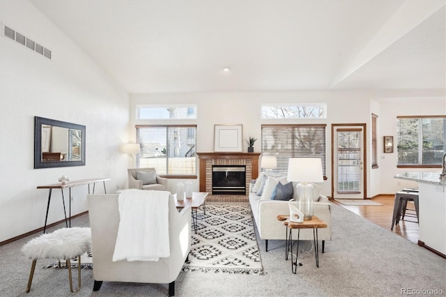 11144 Navajo St, Northglenn, CO 80234 - living area with plenty of natural light, lofted ceiling, a fireplace, and light wood-style floors