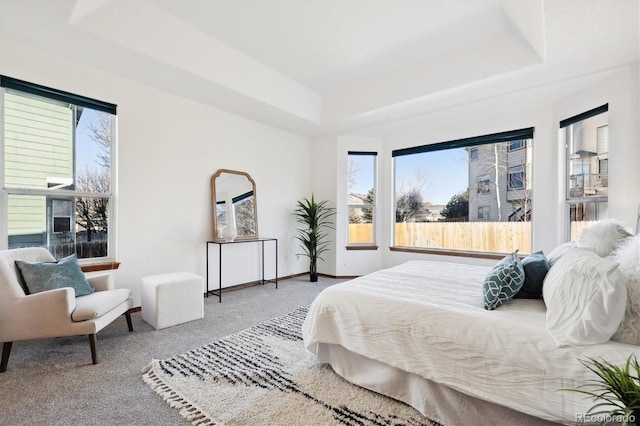 bedroom featuring carpet floors, a tray ceiling, and multiple windows