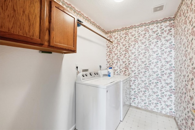 clothes washing area with washer and clothes dryer and cabinets