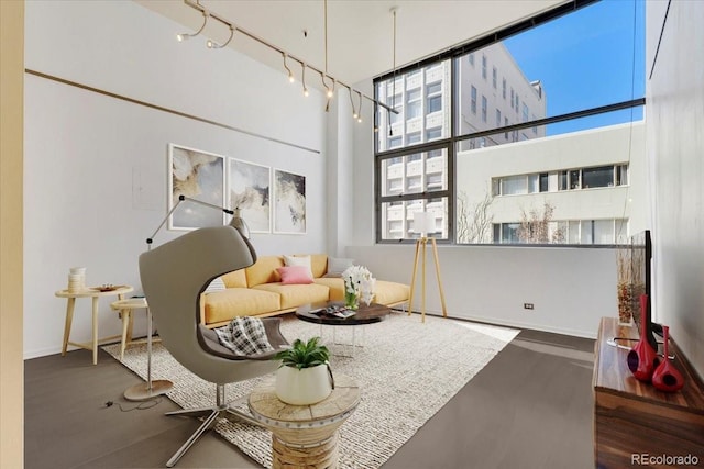 living area featuring a towering ceiling, rail lighting, baseboards, and wood finished floors