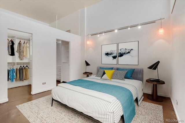 bedroom featuring a closet, track lighting, a walk in closet, and baseboards