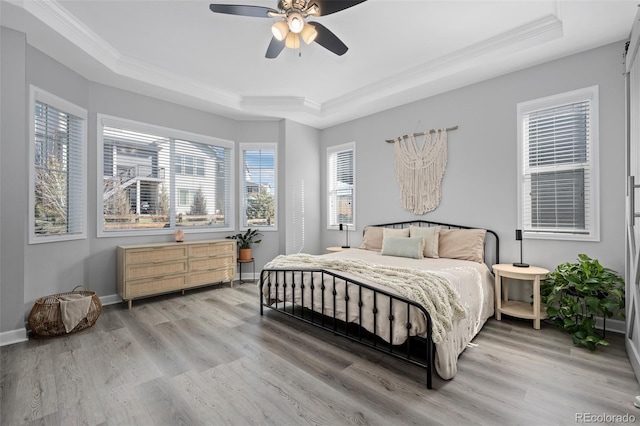 bedroom featuring baseboards, a tray ceiling, and light wood-style floors