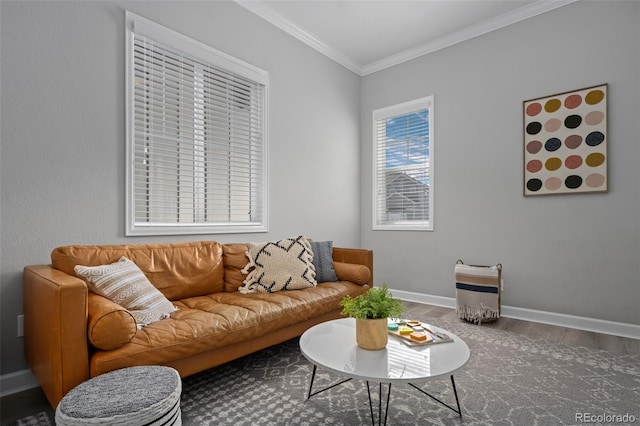 living room featuring ornamental molding, wood finished floors, and baseboards