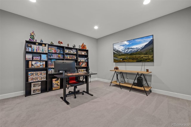 office area featuring carpet floors, baseboards, and recessed lighting