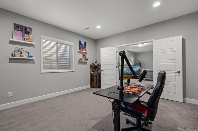 office featuring light carpet, visible vents, baseboards, and recessed lighting