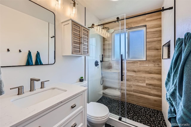 full bath featuring a stall shower, toilet, and vanity