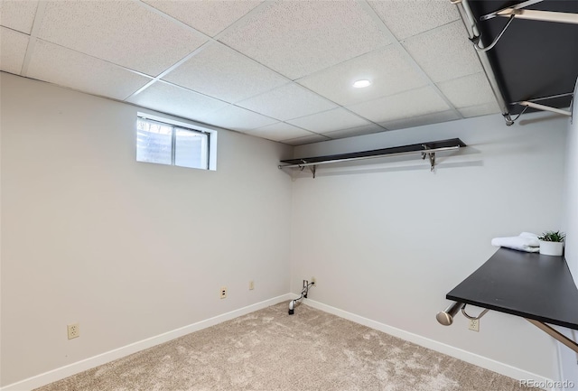 basement featuring a drop ceiling, baseboards, and carpet