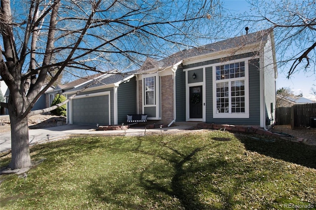 ranch-style home with brick siding, fence, concrete driveway, a front yard, and an attached garage