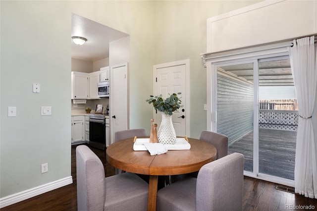 dining space featuring dark wood finished floors, visible vents, and baseboards