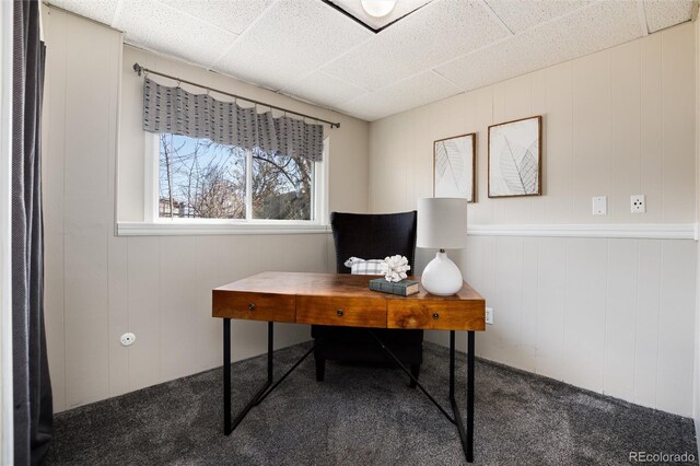 home office featuring a drop ceiling and carpet floors