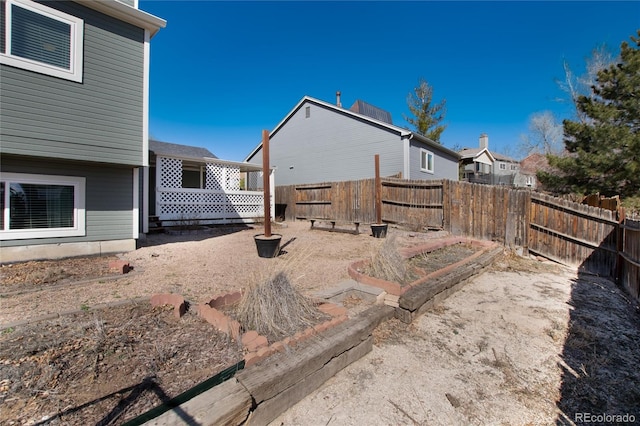 view of yard featuring a garden and a fenced backyard